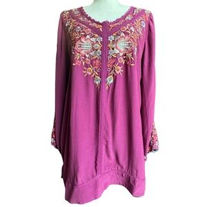 Soft Surroundings Pink Beaded Embroidered Boho Blouse Sz M